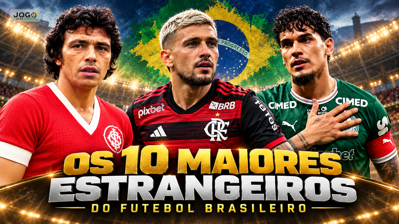 Texto alternativo (Alt): Elías Figueroa, Arrascaeta e Gustavo Gómez ilustram o ranking dos 10 maiores estrangeiros da história do futebol brasileiro.
