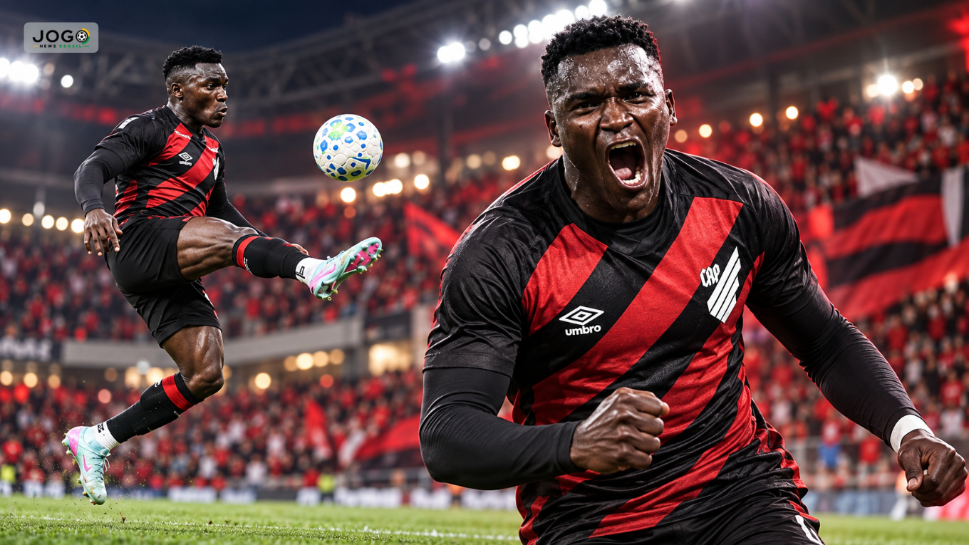 Kevin Viveros comemorando e dominando a bola em montagem com as cores do Athletico.