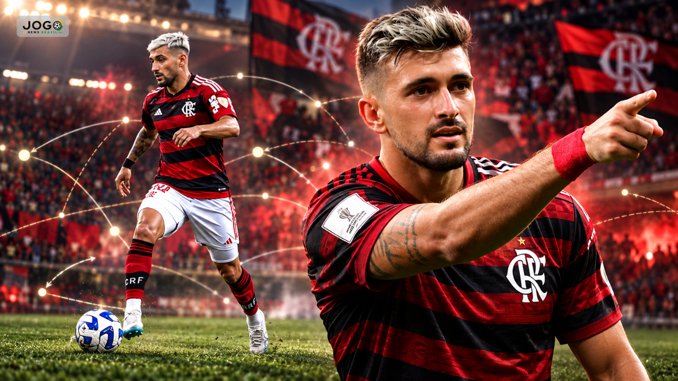 Montagem de Arrascaeta com a camisa do Flamengo, conduzindo a bola e apontando em campo, com estádio ao fundo.