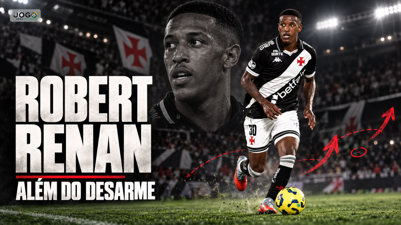 Arte de Robert Renan com a camisa do Vasco conduzindo a bola.