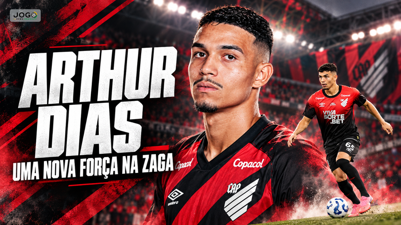 Ilustração de Arthur Dias com a camisa do Athletico, em retrato e em ação com a bola.