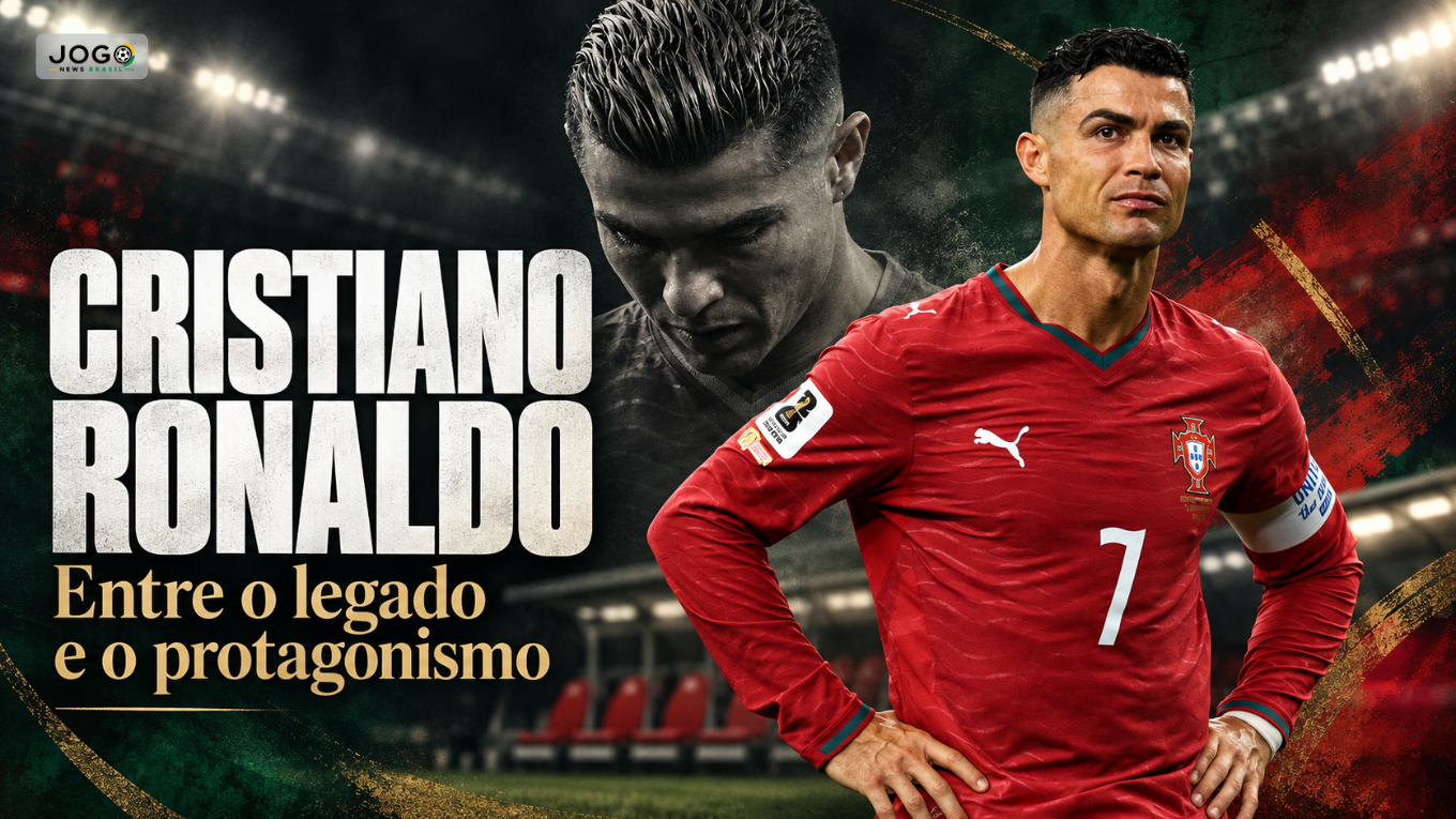Cristiano Ronaldo com a camisa de Portugal em montagem editorial com o texto “Entre o legado e o protagonismo”.