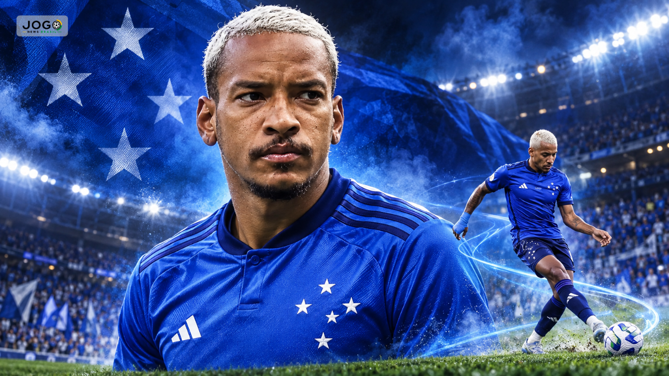 Arte de Matheus Pereira em destaque com uniforme do Cruzeiro e cena de passe ao fundo em estádio iluminado.