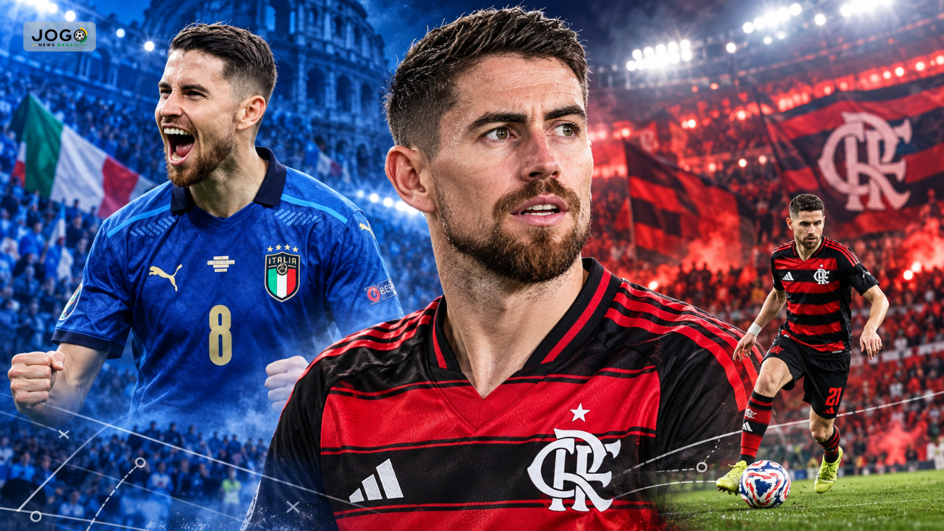 Montagem de Jorginho com a camisa do Flamengo em destaque, ao lado de imagens pela seleção italiana e com a bola nos pés.