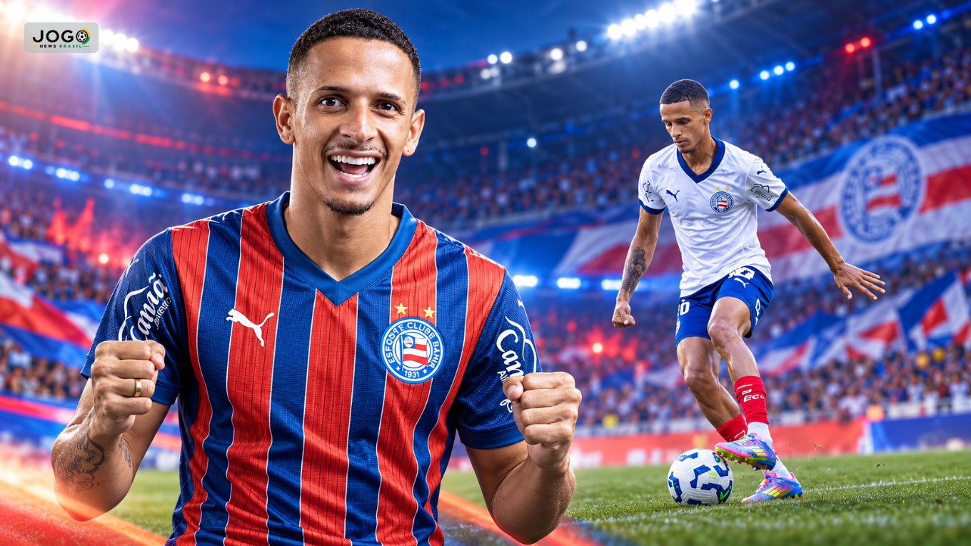Ilustração de Luciano Juba com a camisa tricolor do Bahia e, ao lado, em ação com o uniforme branco e a bola.
