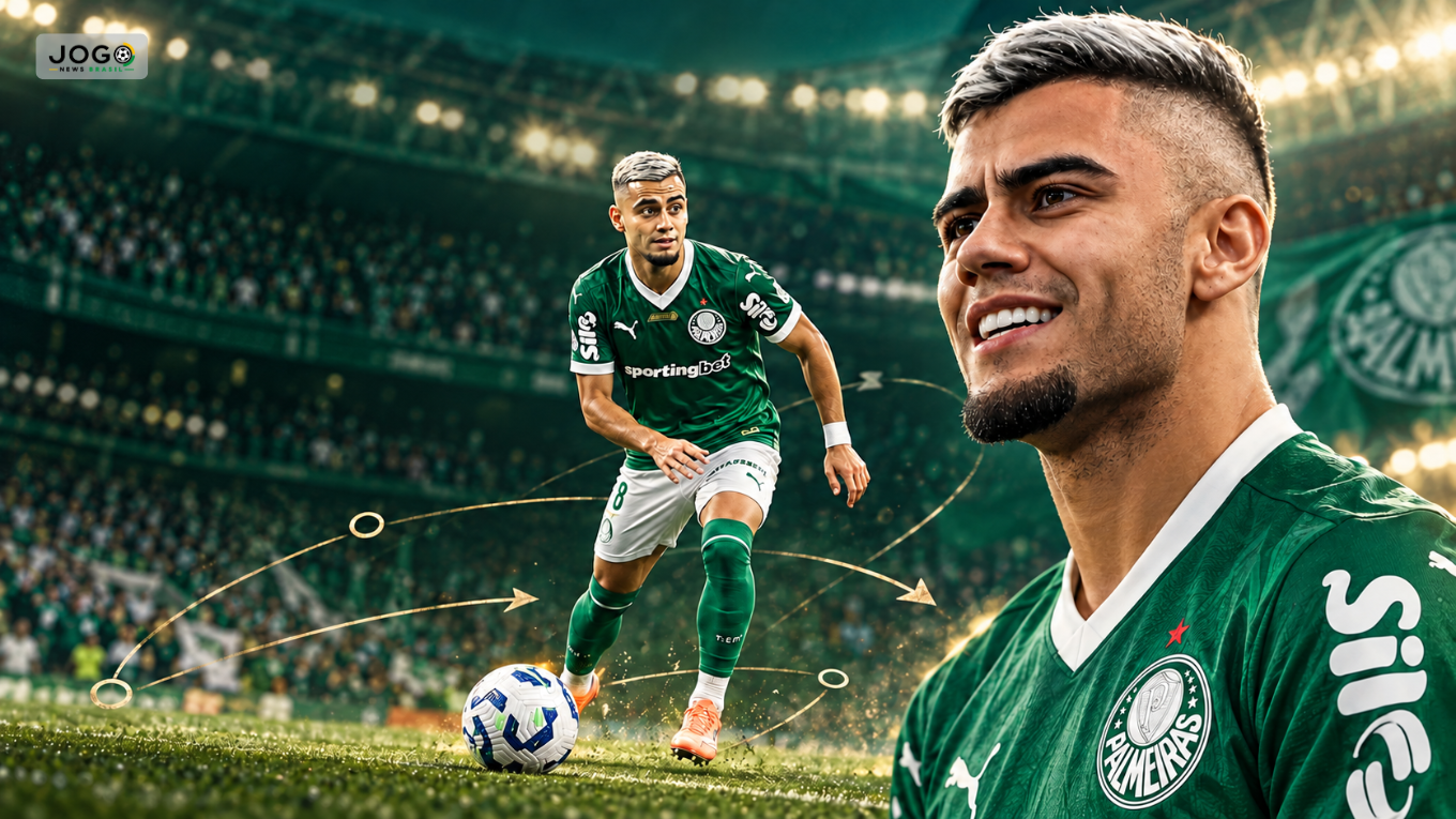 Arte de Andreas Pereira com a camisa do Palmeiras, em retrato e conduzindo a bola, com linhas que representam passes.