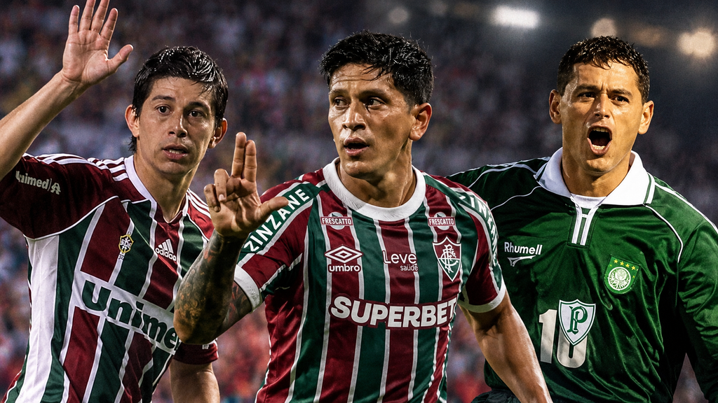 Ilustração de Darío Conca e Germán Cano com os uniformes do Fluminense, ao lado de Francisco Arce com a camisa verde histórica do Palmeiras.