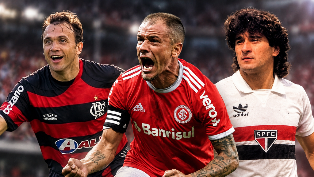 Ilustração de Petkovic com a camisa do Flamengo, D'Alessandro com o uniforme vermelho do Internacional e Darío Pereyra com a camisa histórica do São Paulo.