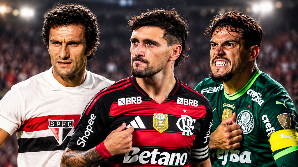 Ilustração de Pedro Rocha com a camisa do São Paulo, Arrascaeta com o uniforme rubro-negro do Flamengo e Gustavo Gómez com a camisa verde do Palmeiras.