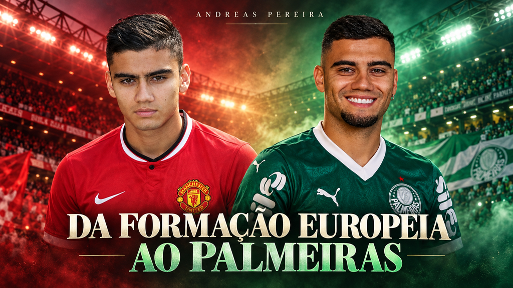 Arte de Andreas Pereira jovem no Manchester United e na fase atual no Palmeiras, com fundo em vermelho e verde.