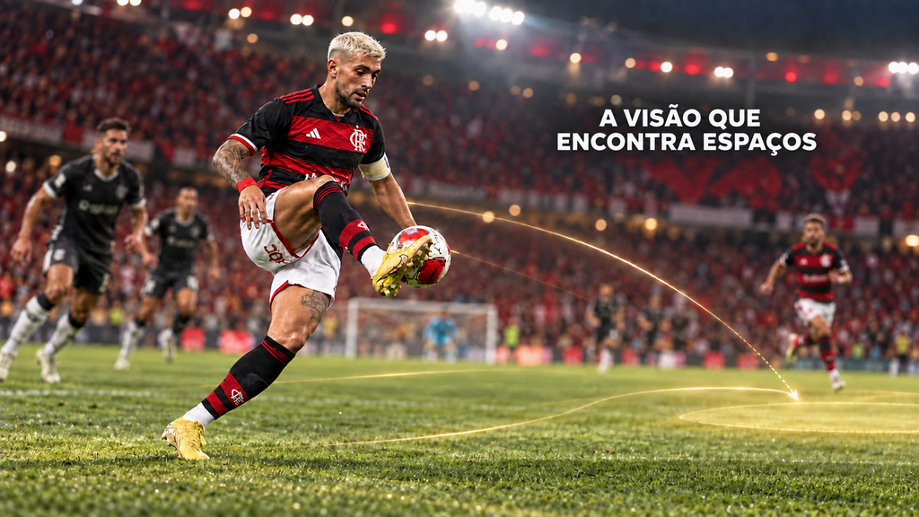Arrascaeta dominando a bola, com linhas ilustrativas indicando uma opção de passe e a frase “A visão que encontra espaços”.