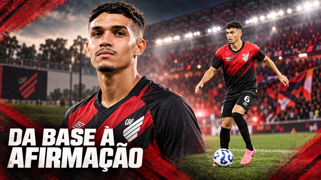 Da base à afirmação: Ilustração de Arthur Dias entre um campo de treinamento e um estádio, representando sua evolução no Athletico.