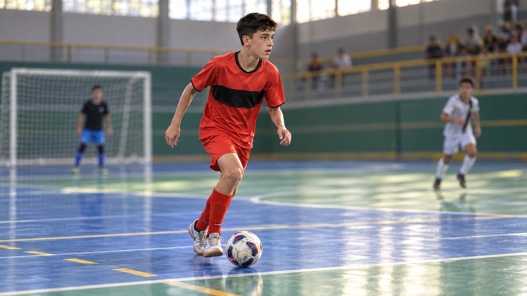 Ilustração de Breno Bidon jovem conduzindo a bola em uma quadra de futsal, com uniforme vermelho e preto.