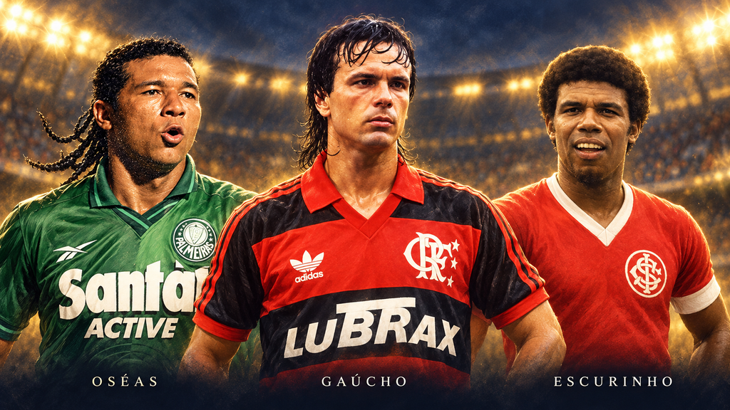 Ilustração de Oséas com a camisa do Palmeiras, Gaúcho com a do Flamengo e Escurinho com a do Internacional em um estádio iluminado.