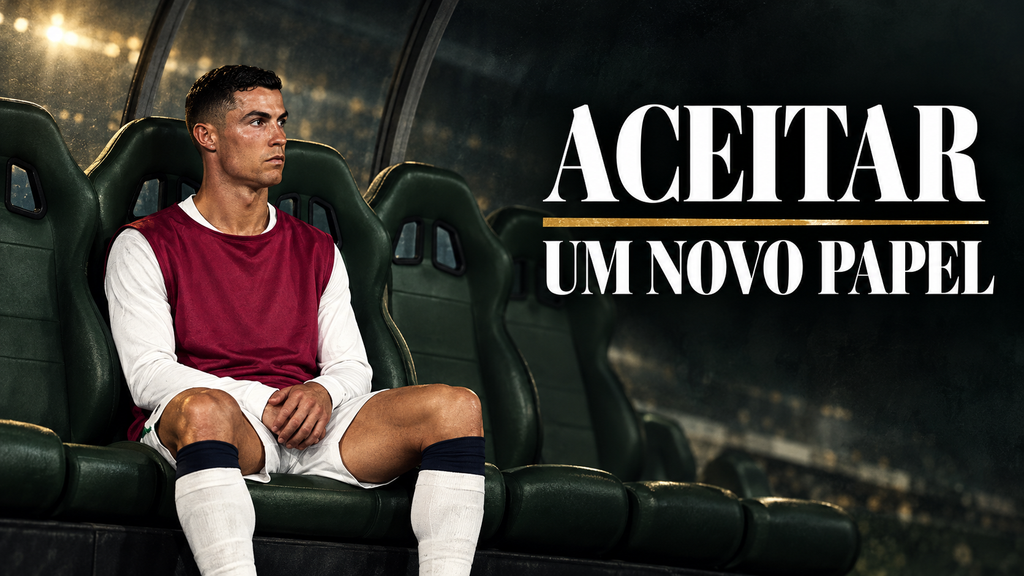 Cristiano Ronaldo sentado no banco de reservas em montagem editorial com o texto “Aceitar um novo papel”.
