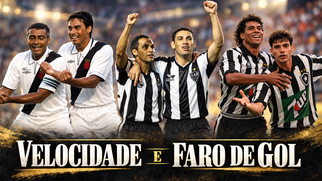 Ilustração de Romário e Alex Dias pelo Vasco, Marques e Guilherme pelo Atlético-MG e Donizete e Túlio pelo Botafogo, comemorando juntos em suas duplas.