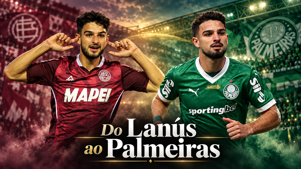 Arte de Flaco López com os uniformes do Lanús e do Palmeiras, representando duas fases de sua carreira.