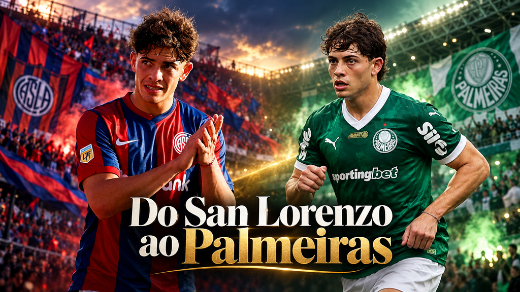 Arte de Agustín Giay com os uniformes do San Lorenzo e do Palmeiras, representando duas fases de sua carreira.