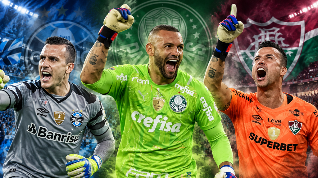 Marcelo Grohe com uniforme do Grêmio, Weverton com camisa verde do Palmeiras e Fábio com uniforme laranja do Fluminense em montagem sobre goleiros brasileiros.