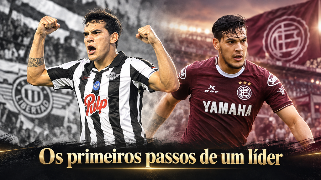 Gustavo Gómez com os uniformes do Libertad e do Lanús, ao lado da frase “Os primeiros passos de um líder”.