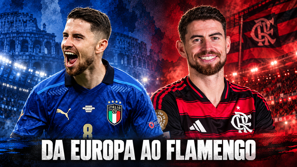 Jorginho com as camisas da Itália e do Flamengo, em montagem com a frase “Da Europa ao Flamengo”.