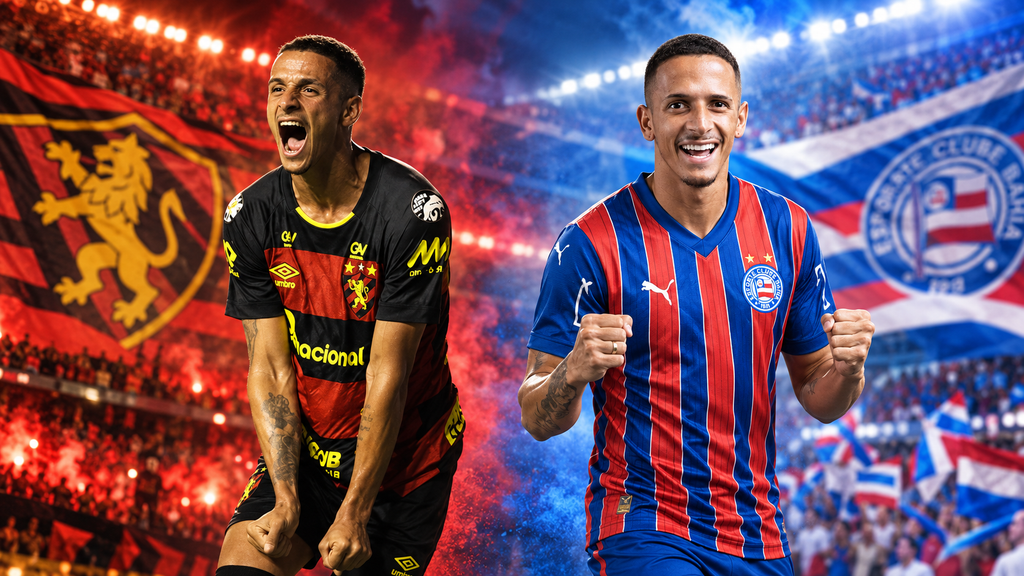 Ilustração de Luciano Juba comemorando com os uniformes do Sport e do Bahia, representando duas fases de sua carreira.