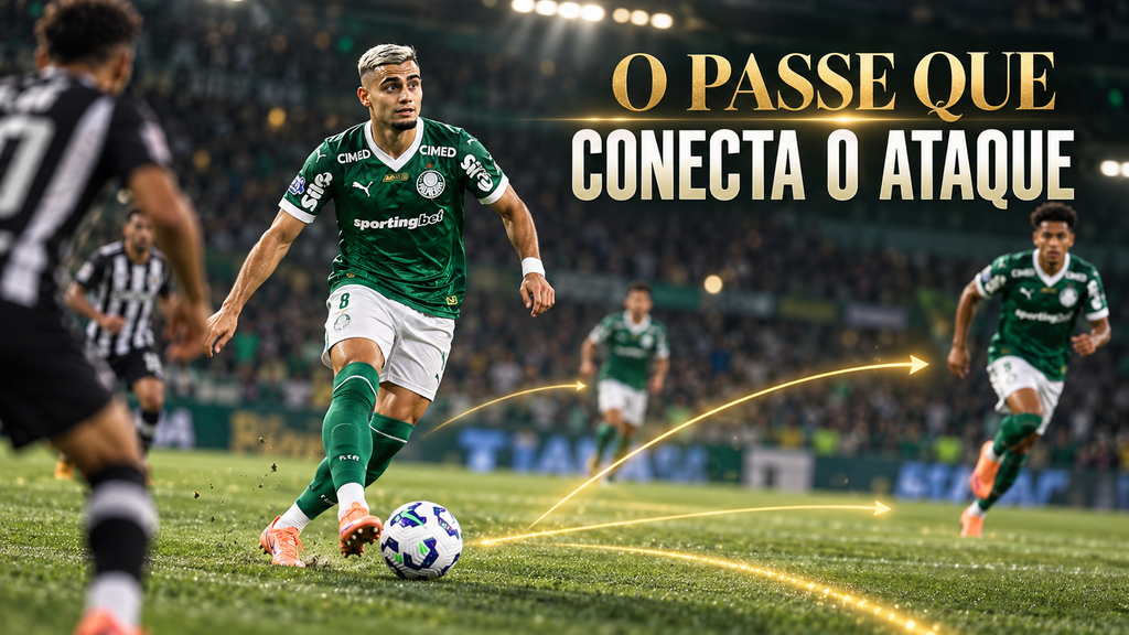 Arte de Andreas Pereira preparando um passe pelo Palmeiras, com companheiros à frente e setas indicando opções de jogada.