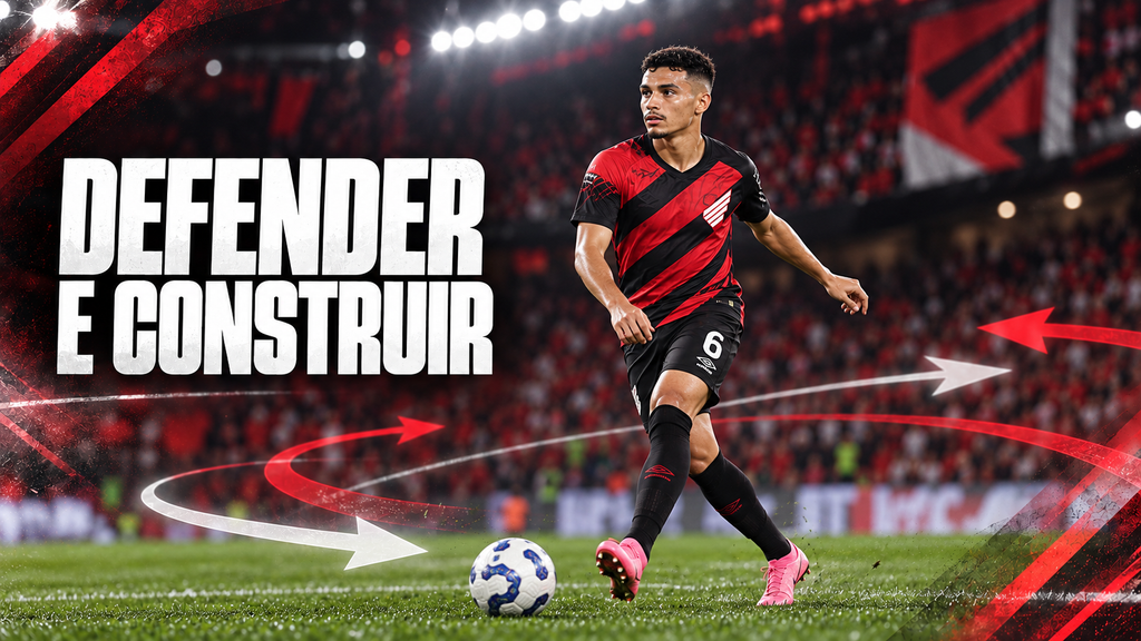 Defender e construir: Ilustração de Arthur Dias preparando um passe, com setas representando a circulação da bola.