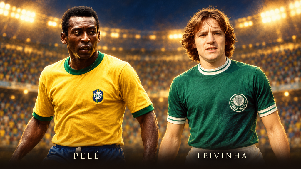 Ilustração de Pelé com a camisa da Seleção Brasileira e Leivinha com a do Palmeiras, lado a lado em um estádio.