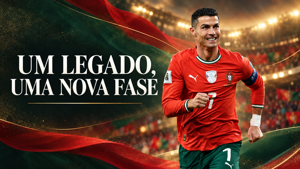 Cristiano Ronaldo comemorando com a camisa de Portugal em montagem editorial com o texto “Um legado, uma nova fase”.