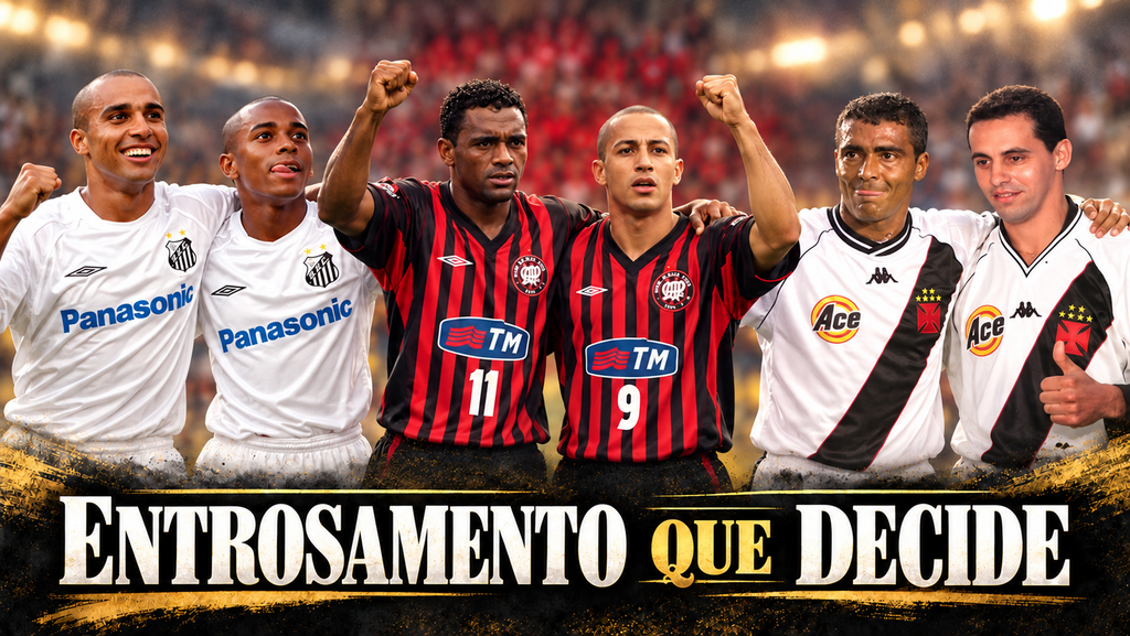 Ilustração de Deivid e Robinho pelo Santos, Kléber Pereira e Alex Mineiro pelo Athletico-PR e Romário e Euller pelo Vasco, com uniformes de época.