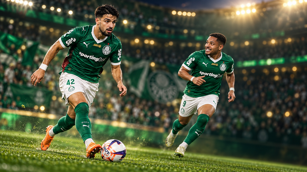 Ilustração de Flaco López conduzindo a bola e Vitor Roque avançando para receber um passe, ambos com o uniforme do Palmeiras.
