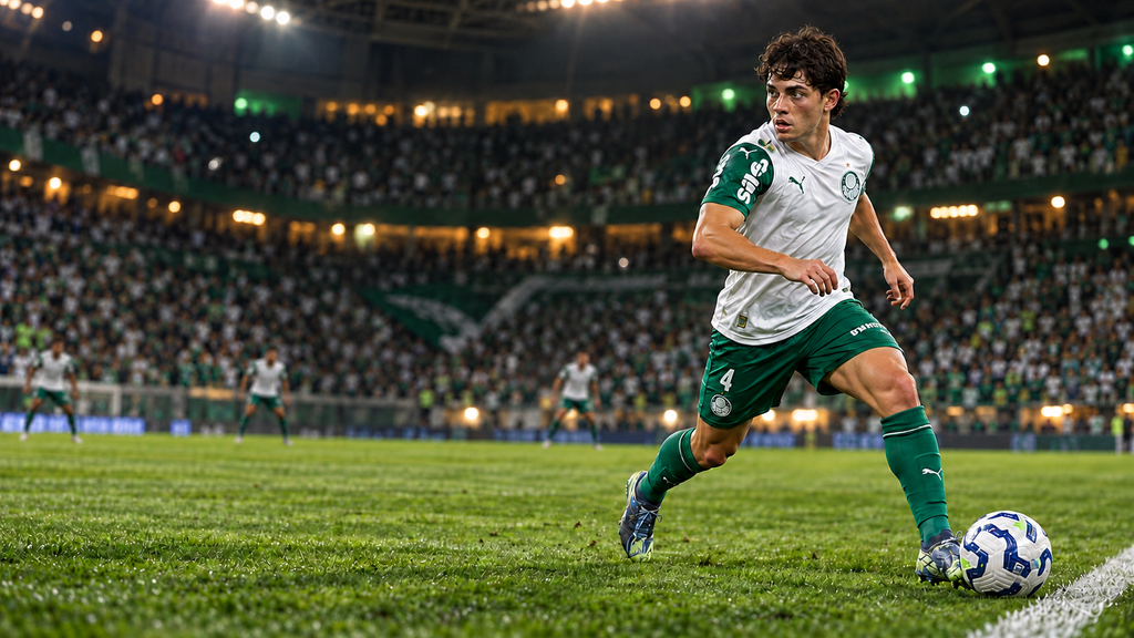 Ilustração de Agustín Giay conduzindo a bola pela direita, com três defensores do Palmeiras distantes e desfocados ao fundo.