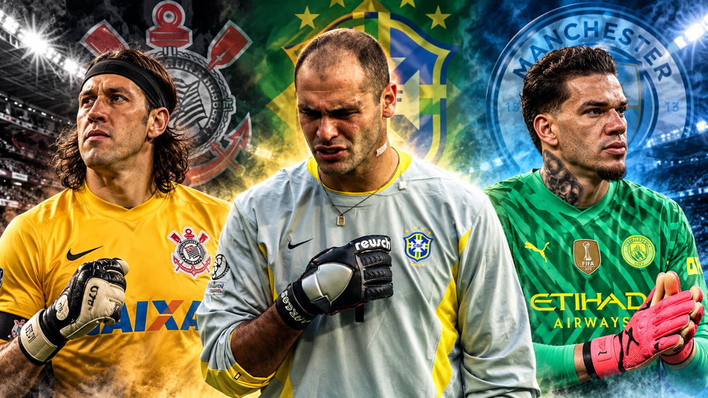 Cássio com uniforme amarelo do Corinthians, Marcos com camisa da Seleção Brasileira ao centro e Ederson com uniforme verde do Manchester City.