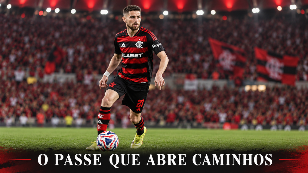 Jorginho controlando a bola e olhando para o campo com a camisa do Flamengo, sob a frase “O passe que abre caminhos”.