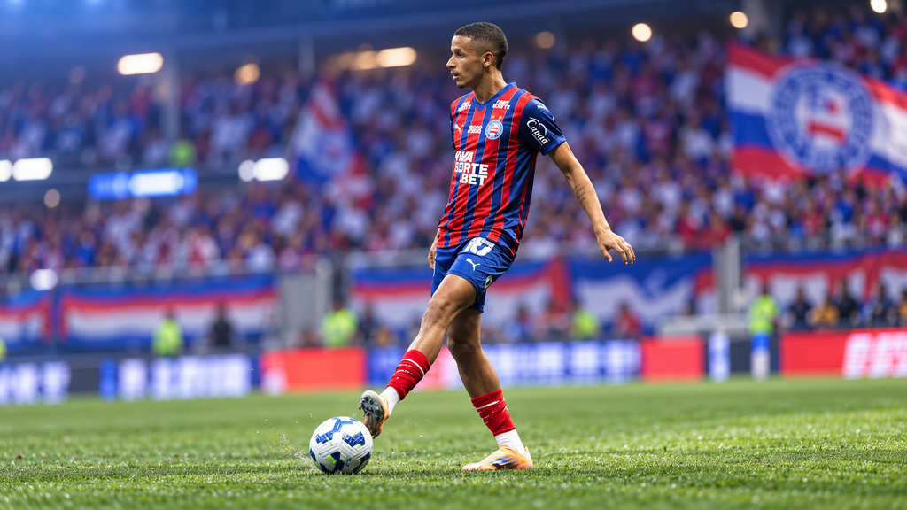 Ilustração de Luciano Juba com o uniforme tricolor do Bahia, preparando um passe com o pé esquerdo em campo.