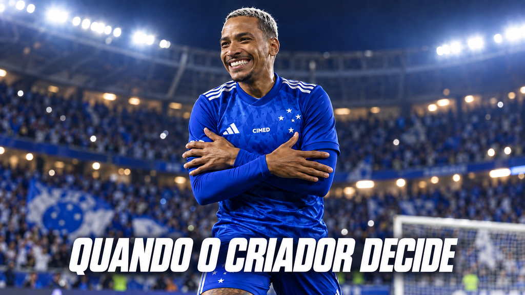 Arte de Matheus Pereira sorrindo e comemorando com os braços cruzados em estádio iluminado.