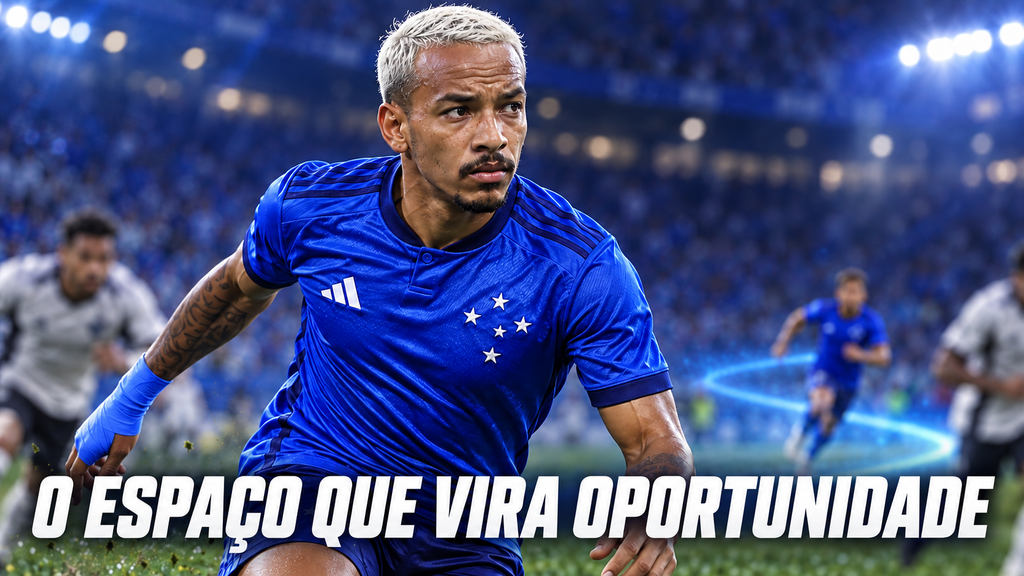 Arte de Matheus Pereira observando o campo, com dois adversários e um companheiro do Cruzeiro ao fundo