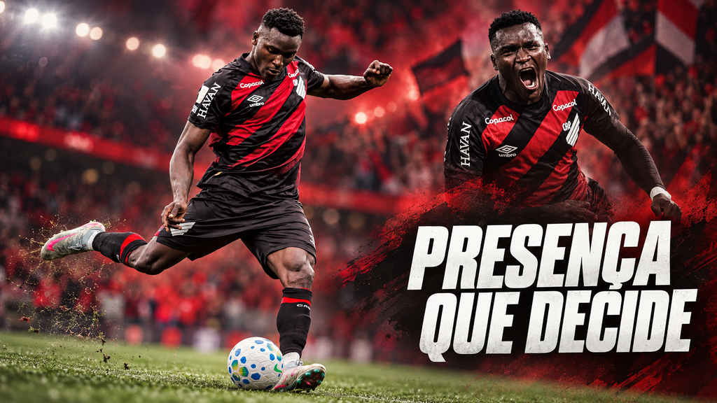 Kevin Viveros finalizando e comemorando pelo Athletico, com a frase “Presença que decide”.