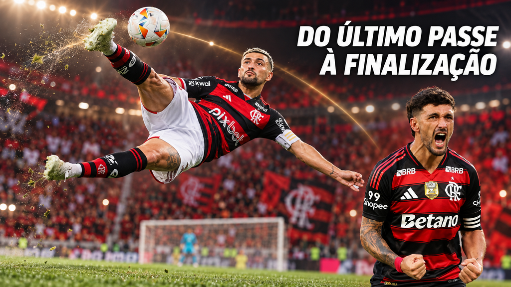 Montagem de Arrascaeta em movimento acrobático com a bola e comemorando, com a frase “Do último passe à finalização”.