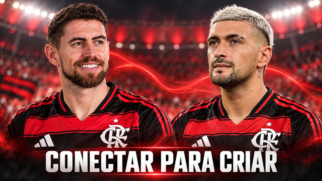 Jorginho e Arrascaeta com as camisas do Flamengo, em montagem com a frase “Conectar para criar”.