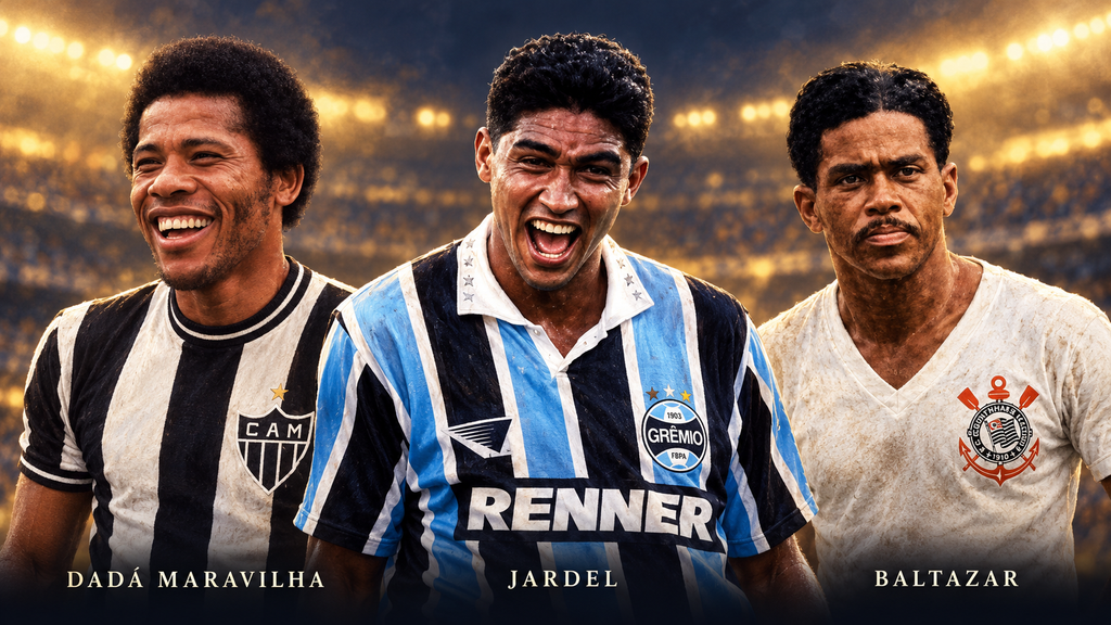 Ilustração de Dadá Maravilha pelo Atlético-MG, Jardel pelo Grêmio e Baltazar pelo Corinthians, com Jardel ao centro.