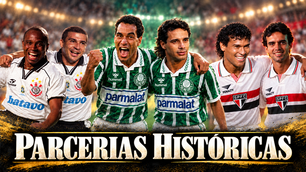 Ilustração de Edílson e Luizão pelo Corinthians à esquerda, Evair e Edmundo pelo Palmeiras ao centro e Müller e Palhinha pelo São Paulo à direita.