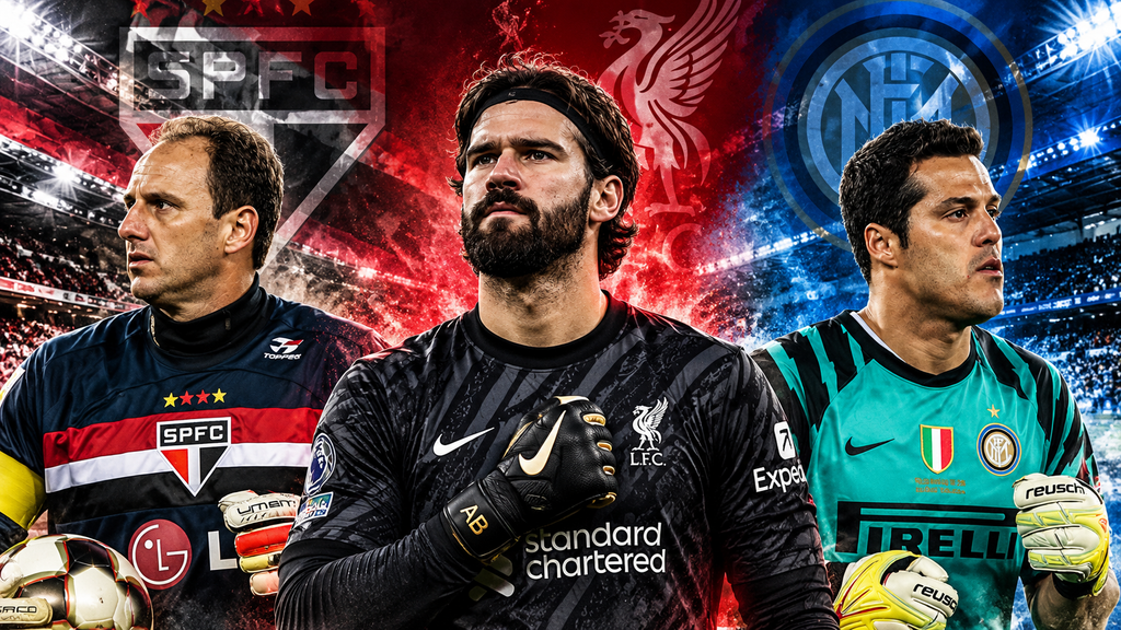 Rogério Ceni com uniforme do São Paulo, Alisson Becker ao centro com camisa preta do Liverpool e Júlio César com uniforme da Inter de Milão.