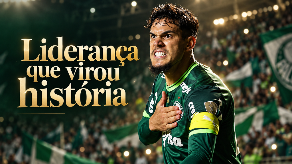 Gustavo Gómez com a mão sobre o peito e braçadeira de capitão do Palmeiras, ao lado da frase “Liderança que virou história”.