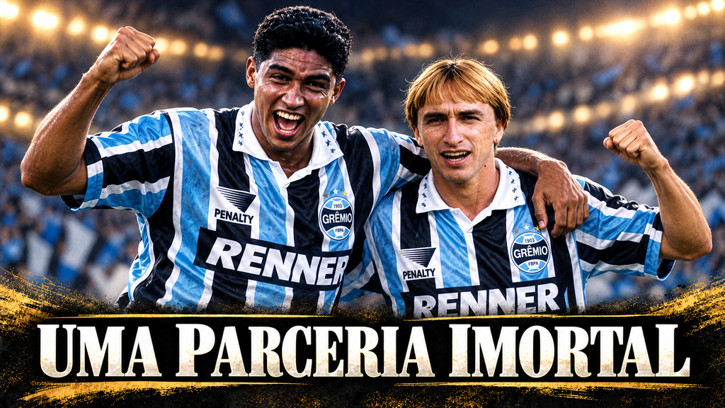Ilustração de Jardel e Paulo Nunes abraçados e com os punhos erguidos, comemorando com o uniforme do Grêmio de 1995.