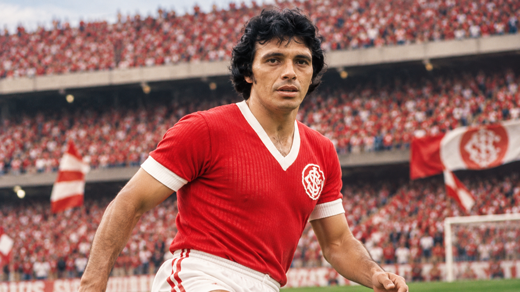 Ilustração de Elías Figueroa com a camisa vermelha histórica do Internacional, em um estádio lotado, representando sua trajetória no futebol brasileiro.