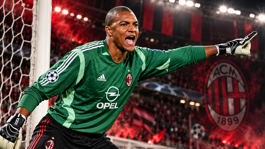 Dida com uniforme verde do Milan, orientando seus companheiros diante do gol em estádio iluminado, na ilustração dos maiores goleiros brasileiros do século XXI.