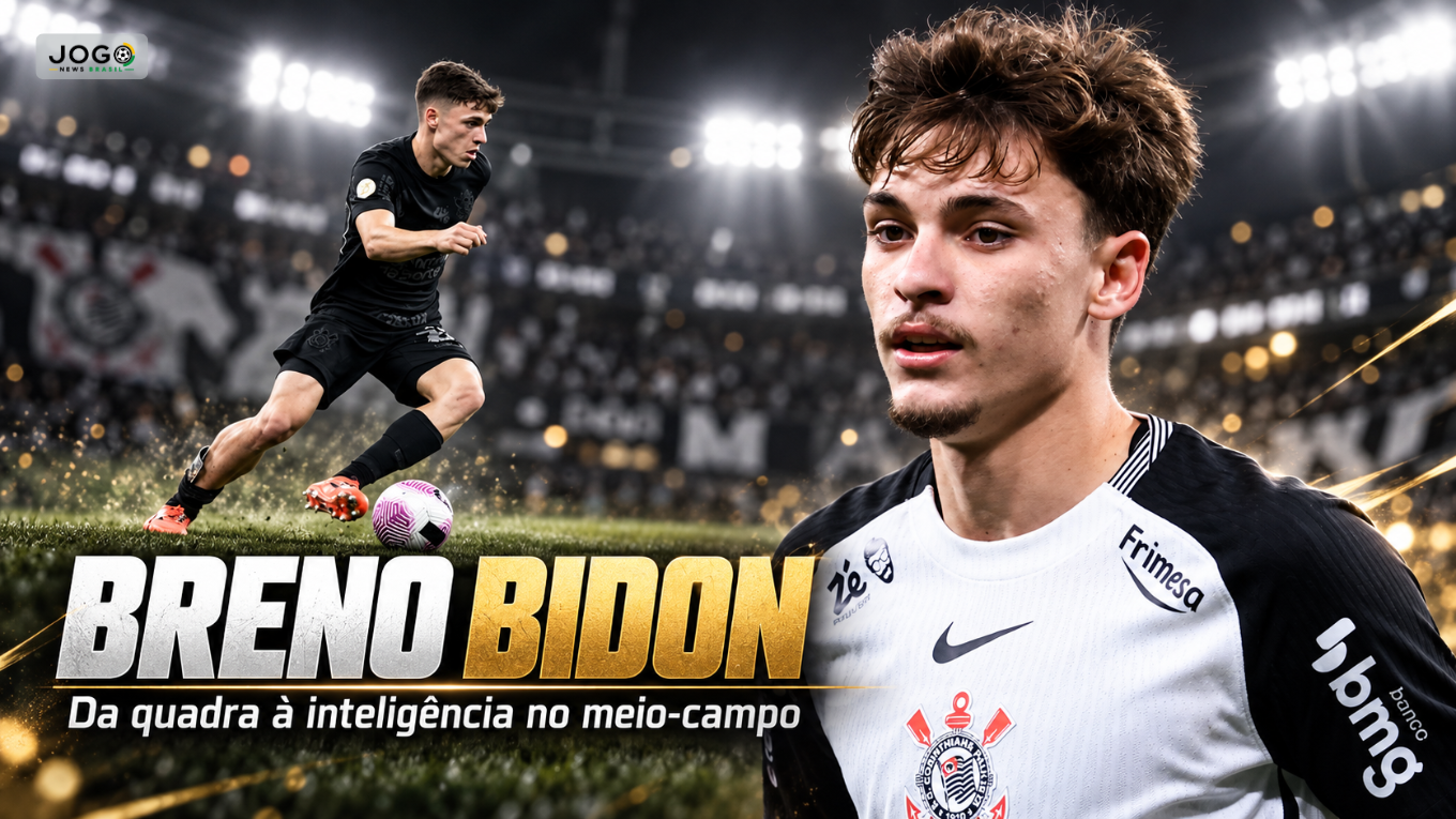 Breno Bidon com a camisa do Corinthians em retrato e conduzindo a bola, com a frase “Da quadra à inteligência no meio-campo”.