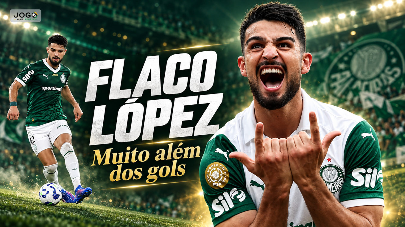 Arte de Flaco López no Palmeiras, conduzindo a bola e comemorando, com o título “Muito além dos gols”.